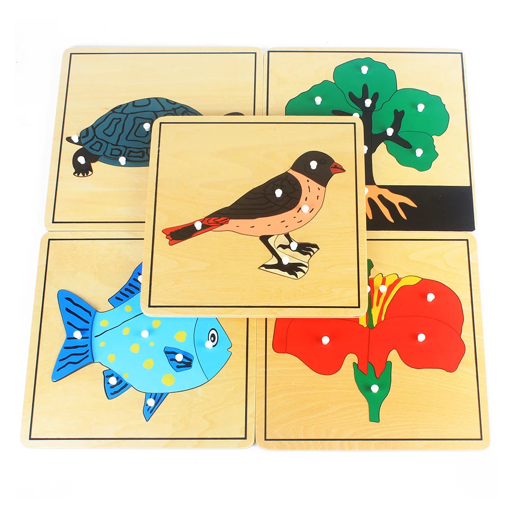 Kids Montessori wood puzzle. Flower/Plant/Animals