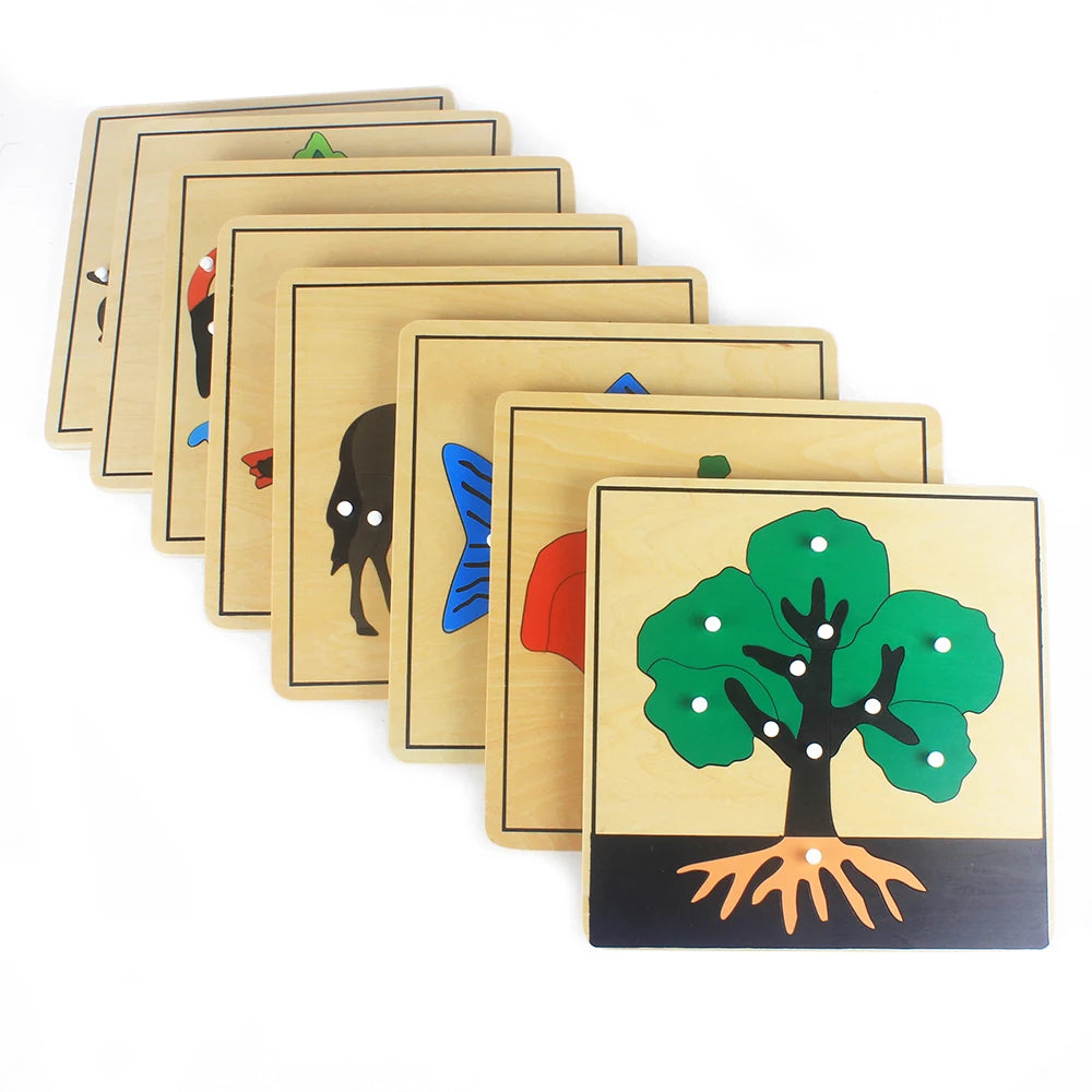 Kids Montessori wood puzzle. Flower/Plant/Animals