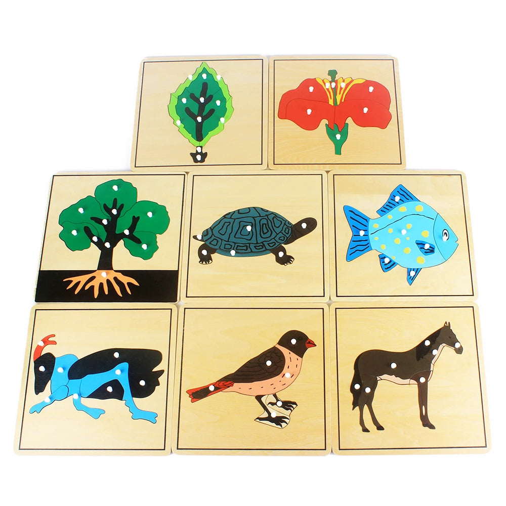 Kids Montessori wood puzzle. Flower/Plant/Animals