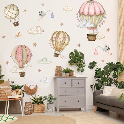 Watercolor Animals Hot Air Balloon Clouds Wall Stickers Blue Color for Kids Room Baby Nursery Room Wall Decals