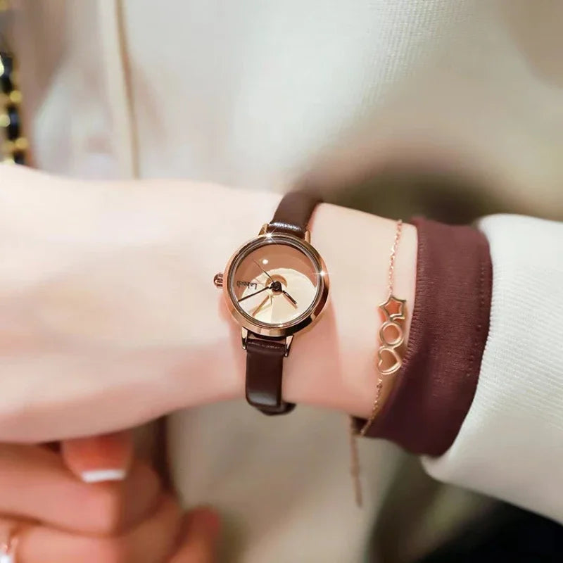 Vintage round small dial brown belt quartz watch