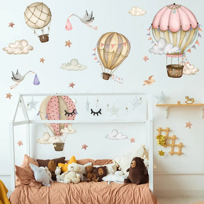 Watercolor Animals Hot Air Balloon Clouds Wall Stickers Blue Color for Kids Room Baby Nursery Room Wall Decals