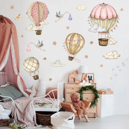 Watercolor Animals Hot Air Balloon Clouds Wall Stickers Blue Color for Kids Room Baby Nursery Room Wall Decals